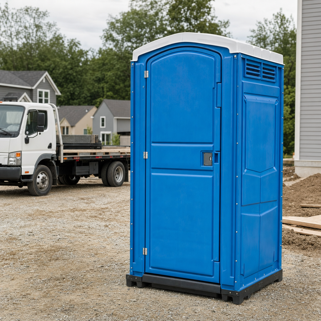 Delivery driver positioning a clean royal-blue portable toilet on level ground at a Scottsdale worksite