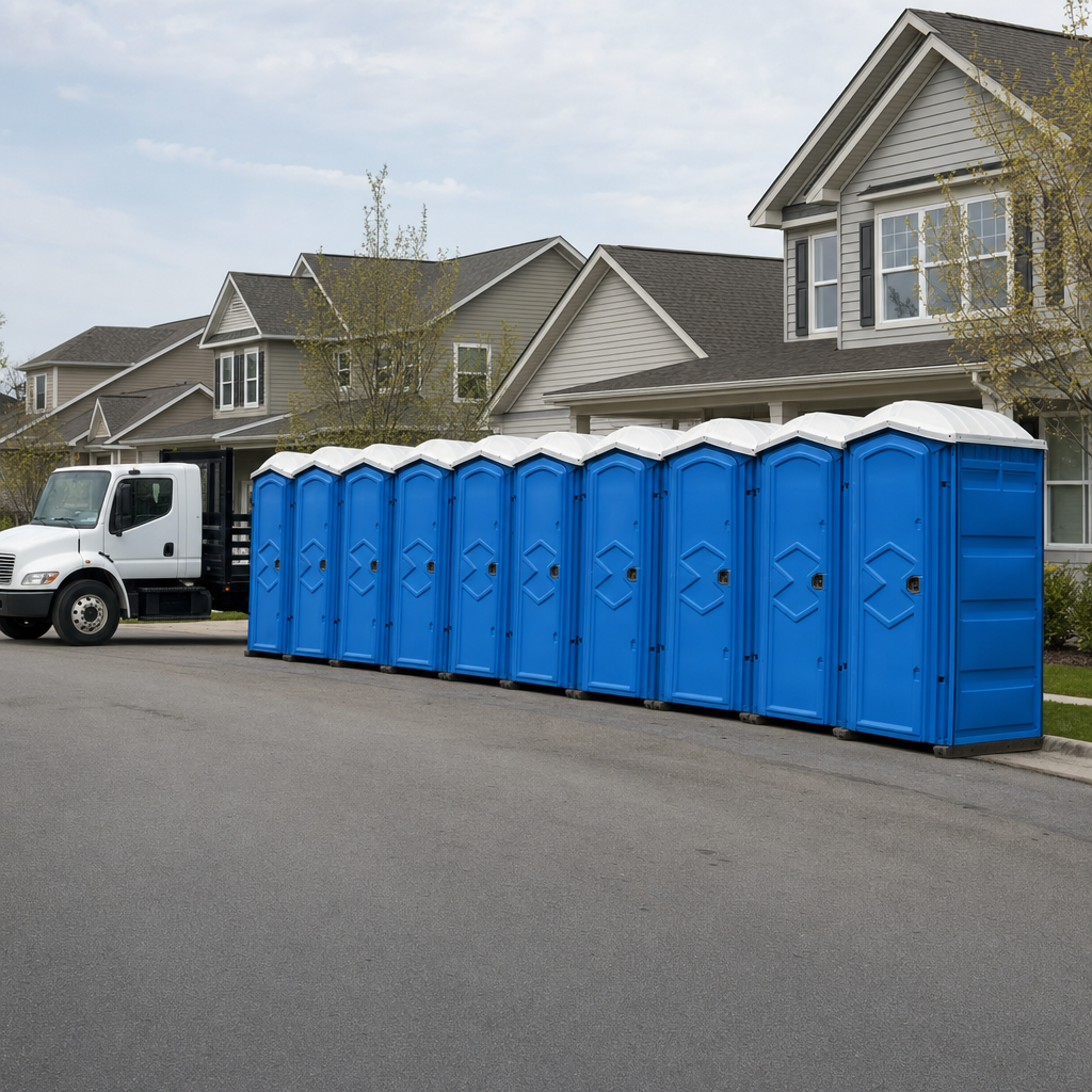 Royal blue portable toilets staged in a tidy row at a Scottsdale jobsite, ready for delivery